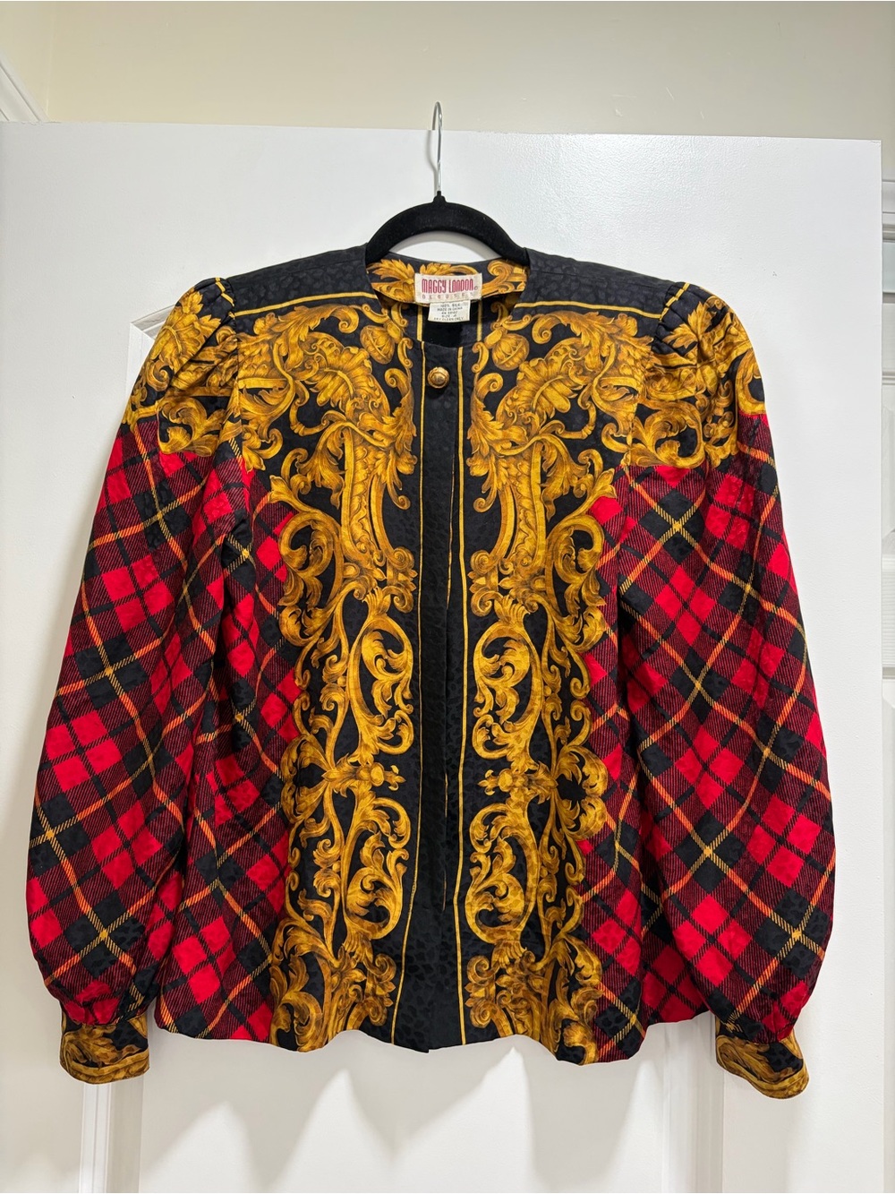 VTG Maggy London 100% Silk Baroque Plaid Blouse Size 4 | Gold Tassel Renaissance